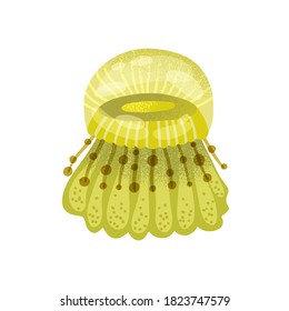 Jellyfish swimming in sea. Underwater marine yellow medusa with beautiful tentacles isolated on white background. Flat vector cartoon textured illustration of bright jelly fish