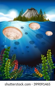Jellyfish swimming under the sea illustration