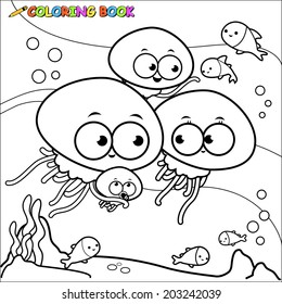 Jellyfish swimming underwater. Vector black and white coloring page.