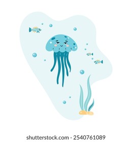 jellyfish swims in the sea underwater. Poster with jellyfish on white background. Character in children's style. Vector illustration.