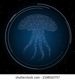 The jellyfish symbol filled with white dots. Pointillism style. Some dots is pink. Vector illustration on blue background with stars