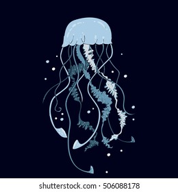 Jellyfish symbol isolated on blue background. Azure medusa with long tentacles logo. Cartoon lines art. Doodle print for child, textile, shirt, clothes, tattoo, greeting card. Vector illustration.