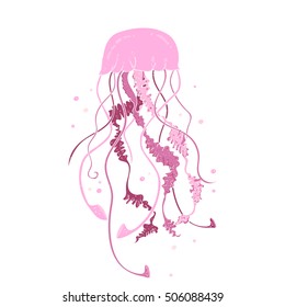 Jellyfish symbol isolated on white background. Pink medusa with long tentacles logo. Cartoon art. Doodle print for child, textile, shirt, clothes, tattoo, greeting card. Vector illustration.