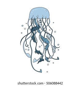 Jellyfish symbol isolated on white background. Blue medusa with long tentacles logo. Cartoon lines art. Doodle print for child, textile, shirt, clothes, tattoo, greeting card. Vector illustration.