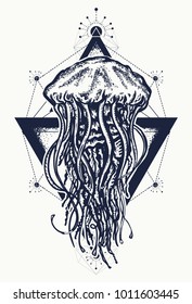 Jellyfish tattoo geometric style. Mystical symbol of adventure, dreams, deep sea  