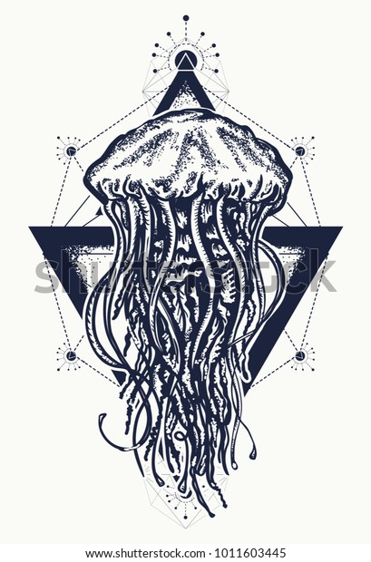 クラゲのタトゥー幾何学的なスタイル 冒険 夢 深海の神秘的シンボル のベクター画像素材 ロイヤリティフリー