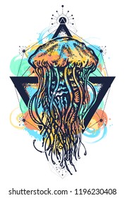 Jellyfish tattoo geometric watercolor splashes style. Mystical symbol of adventure, dreams, deep sea art t-shirt print design poster textile 