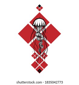 Jellyfish tattoo hand draw style. Mystical symbol of adventure, dreams, deep sea. Creative geometric jellyfish tattoo art t-shirt print design poster textile. tattoo design illustration.