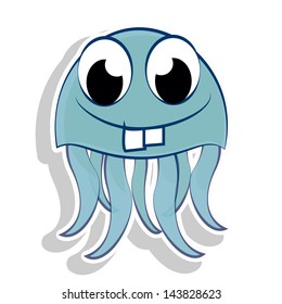 Jellyfish tentacles isolated with blue, smiling with two teeth on white background