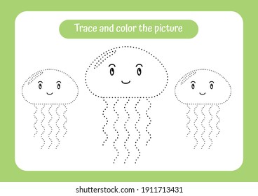 Jellyfish. Trace and color the picture. Educational game for children. Handwriting and drawing practice. Nature theme activity for toddlers, kids. Vector illustration.
