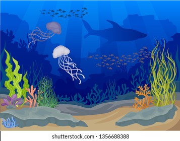 Jellyfish under water. Seascapes concept. Vector illustration.