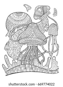 Jellyfish underwater coloring page. Tropical fish doodle vector illustration. Exotic animal coloring page for adult. Jellyfish mascot adult coloring book. Coral reef fish. Animal in tribal ornament