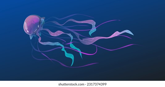Jellyfish underwater. Illustration on blue gradient background, banner design