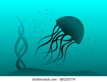 jellyfish. An underwater landscape, a jellyfish in blue water and an alga