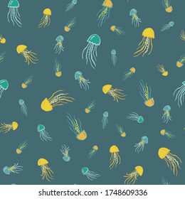 Jellyfish underwater seamless vector pattern background for fabric, wallpaper, scrapbooking projects or backgrounds. Seamless pattern design.