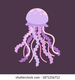 Jellyfish vector art illustration.  Underwater marine animal cartoon design. Flat pastel purple and pink monochrome design on dark background.