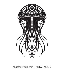 Jellyfish vector art, intricate tribal patterns, flowing tentacles, captivating ocean creature design, black and white.