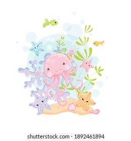 Jellyfish Vector Clip Art Illustration. Cute cartoon character. Sea life colorful background	