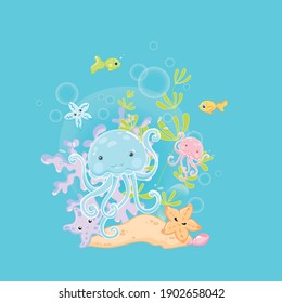 Jellyfish Vector Clip Art Illustration. Cute cartoon character. Sea life colorful blue background	