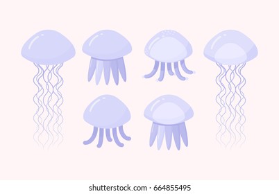 Jellyfish vector flat icon set, Flat design of swimming marine creature isolated on the background, vector illustration