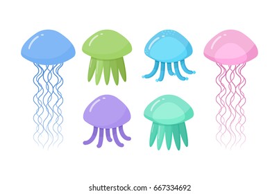 Jellyfish vector flat icon set, Flat design of swimming marine creature isolated on the white background, vector illustration