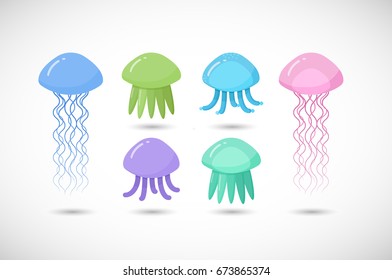 Jellyfish vector flat icon set, Flat design of swimming marine creatures with round shadow isolated on the white background, vector illustration