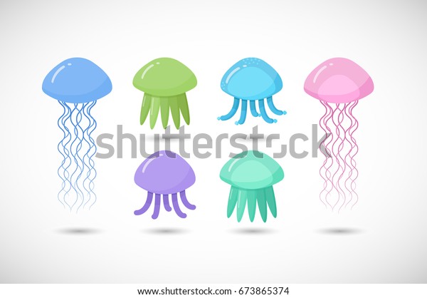 クラゲのベクター画像フラットアイコンセット 白い背景に丸い影と水泳海洋生物のフラットデザイン ベクターイラスト のベクター画像素材 ロイヤリティフリー