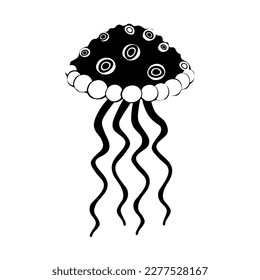 Jellyfish vector icon. Cartoon black icon isolated on white background. Beautiful silhouette for tattoo design, festive card, fashion ornaments, logo, children, pattern. Vector illustration.