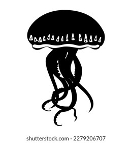 Jellyfish vector icon. Cartoon black icon isolated on white background. Beautiful silhouette for tattoo design, festive card, fashion ornaments, logo, children, pattern. Vector illustration.