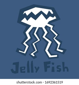 Jellyfish vector icon. Flat vector illustration on dark blue background. Primitive flat style, cut out of paper. Interactive card for learning English alphabet. EPS 10. Brutal modern style
