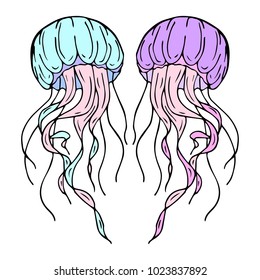 Jellyfish vector illustration background. Doodle style. Design, print, decor, textile, paper