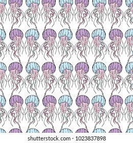Jellyfish vector illustration background. Doodle style. Design, print, decor, textile, paper
