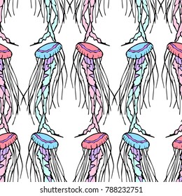 Jellyfish vector illustration background. Doodle style. Design, print, decor, textile, paper