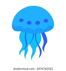 Jellyfish vector illustration, blue jellyfish medusa with long tentacles, underwater sea animal, isolated on white background