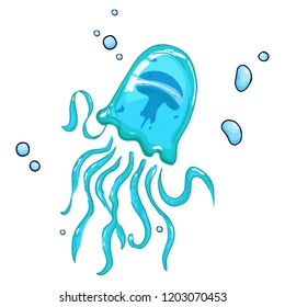 Jellyfish. Vector illustration of a jellyfish with bubbles. Hand drawn jellyfish in the sea.