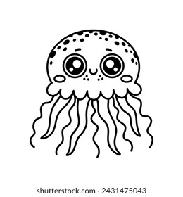 Jellyfish vector illustration. Cute character with tentacles. An underwater pet swims in the ocean. Hand drawn doodle, coloring page for kids. Happy sea animal, ethereal fish. Black and white clipart