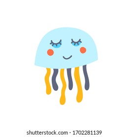 Jellyfish vector illustration for kids. Smiling jellyfish cute clipart for children. Underwater animal isolated on white background