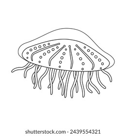 Jellyfish vector illustration. Medusa Black and white outline Jellyfish Coloring page for kids and adults. Page for relaxation and meditation. Vector illustration