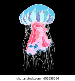 Jellyfish vector illustration on black background.