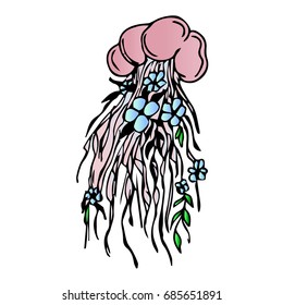 Jellyfish vector illustration on white background. Doodle style. Design icon, print, logo, poster, symbol, decor, textile, paper, card. 