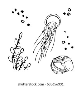 Jellyfish vector illustration on white background. Doodle style. Design icon, print, logo, poster, symbol, decor, textile, paper, card. 