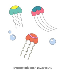 Jellyfish vector ocean jelly-fish and underwater nettle-fish illustration set of jellylike isolated on white background