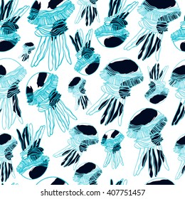 Jellyfish vector seamless pattern.
