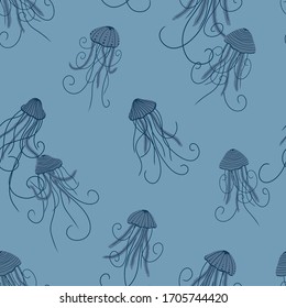 Jellyfish vector seamless pattern.  Cute hand draw pattern on blue background. Cartoon jellyfish for wrapping paper, fabric, textile, wallpaper, home decor