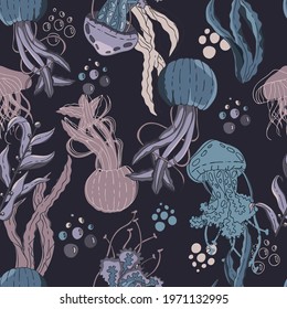 Jellyfish vector seamless pattern in neutral color palette. EPS10 darkly hand drawn jellyfish pattern. Marine creatures vector pattern.