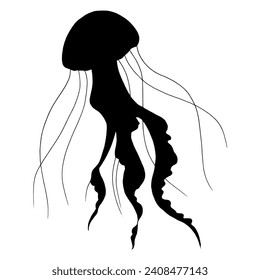 Jellyfish vector silhouette. Hand drawn illustration of Jelly Fish on isolated background in outline style. Drawing of sea animal. Engraving painted by black ink for icon or logo. Linear sketch.