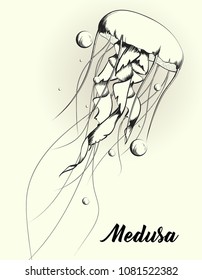 Jellyfish vector sketch drawn on a Yellow background for modern card design. Monochrome hand drawn sketch illustration of swimming medusa. Vector image.