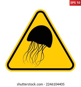 Jellyfish warning sign. Vector illustration of yellow triangle sign with jellyfish icon inside. Caution injuries or poisoning caused by sea jellies. Hazard symbol. Dangerous area. Medusa symbol.