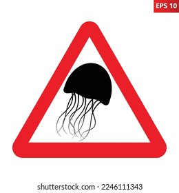 Jellyfish warning sign. Vector illustration of red triangle sign with jellyfish icon inside. Hazard symbol. Dangerous area. Caution injuries or poisoning caused by sea jellies. Medusa symbol.