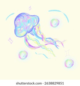 Jellyfish in the water color painting. Jellyfish sketch vector illustration.